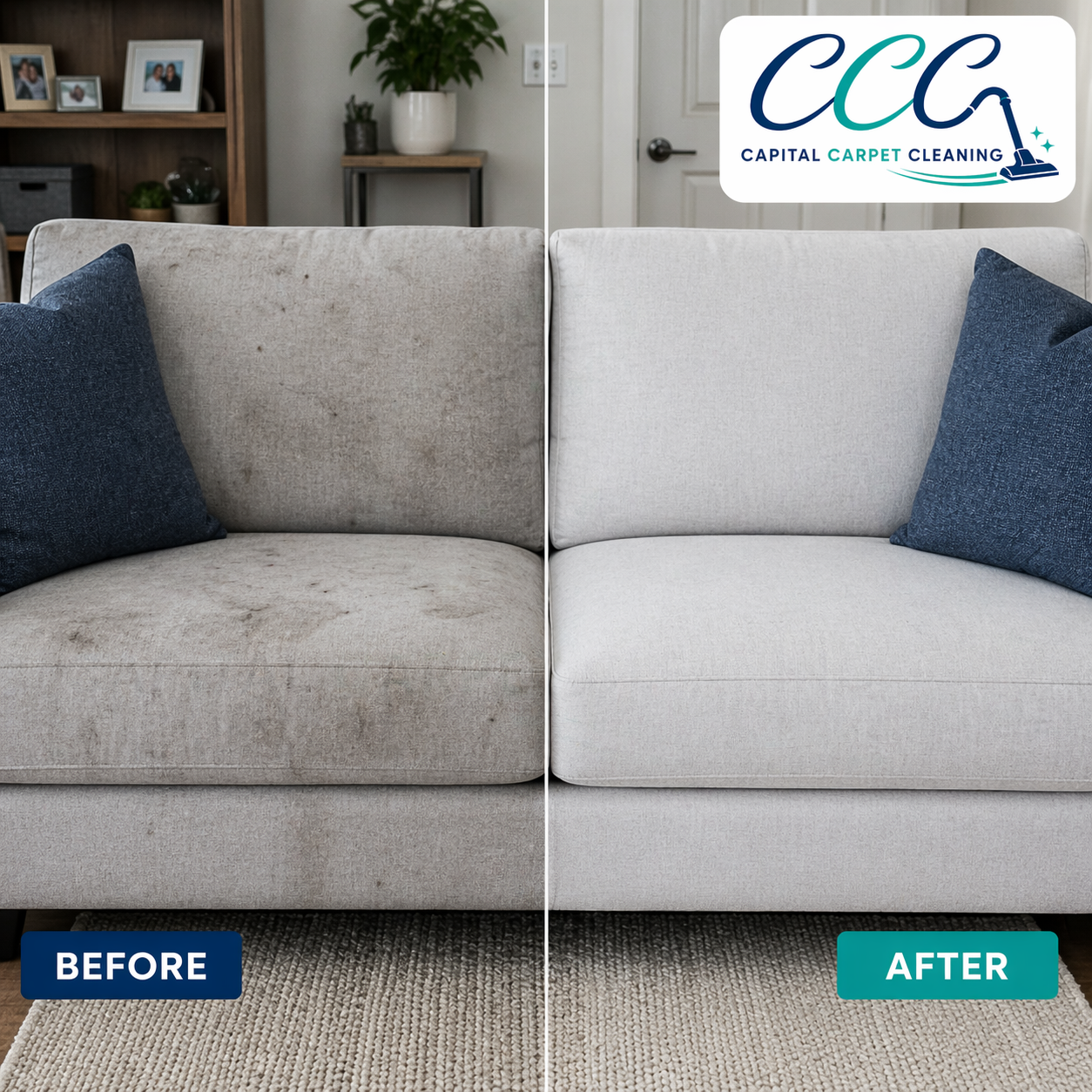 Upholstered sofa — refreshed & sanitized